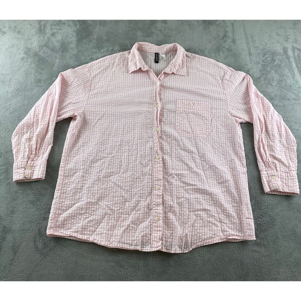 H&M Divided Womens Pink Gingham Seersucker Oversized Button Down Shirt Large L